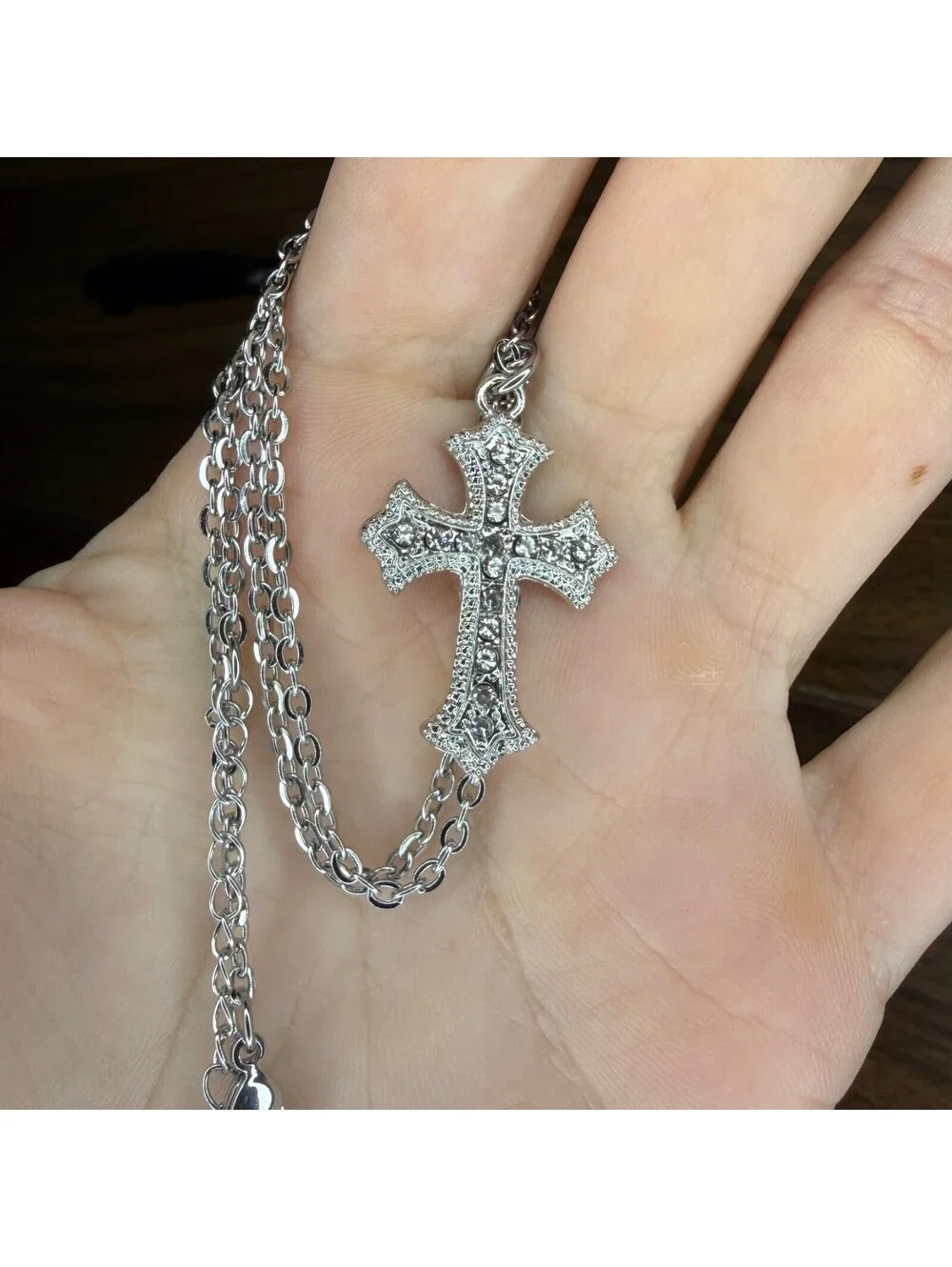 Rhinestone Cross Silver Necklace A-27